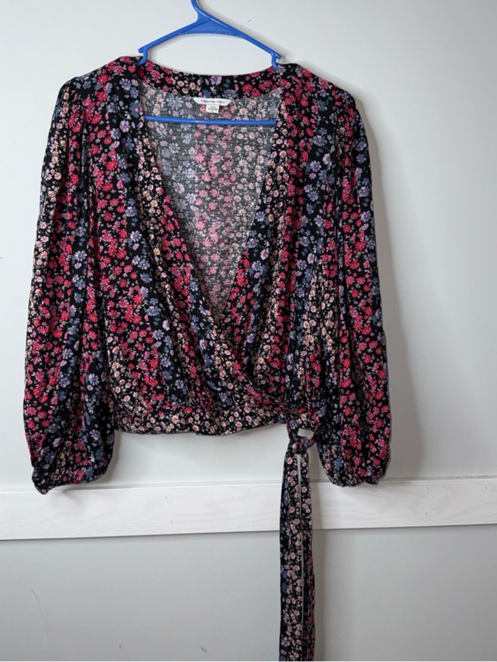 American Eagle Outfitters Black Floral Wrap Top with Pink & Lavender Flowers